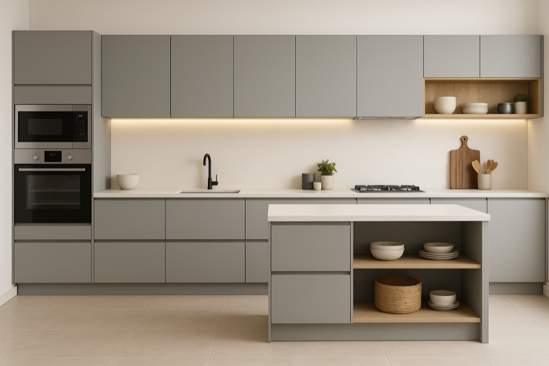 Cocina lineal compacta con gabinetes grises, electrodomésticos empotrados y almacenamiento vertical