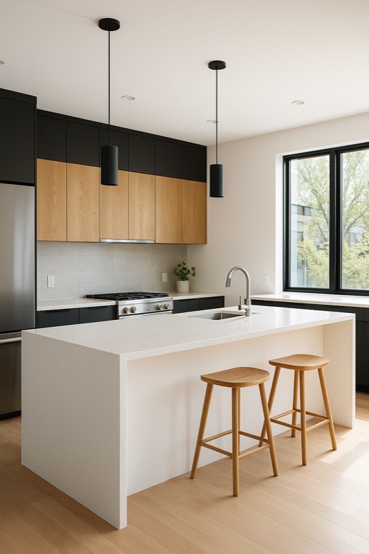 Cocina moderna con isla de mármol veteado y gabinetes contemporáneos