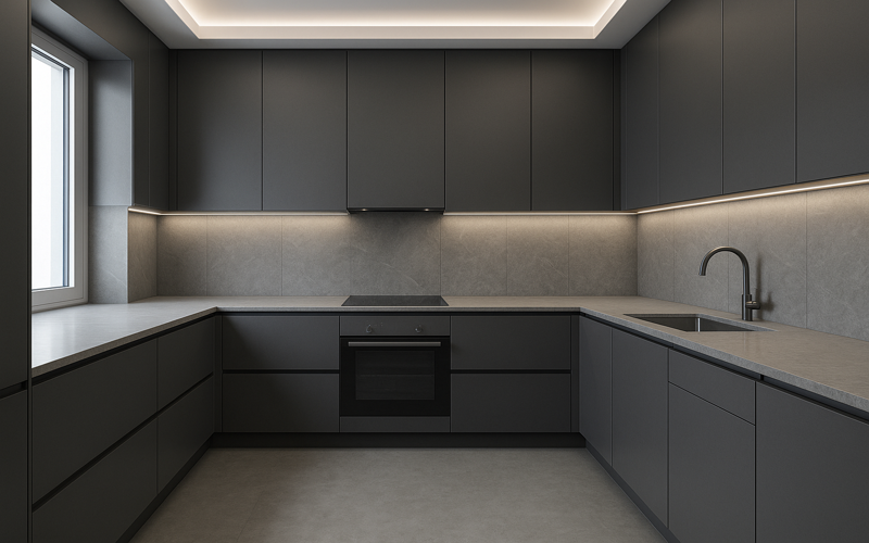 Cocina en U bicolor con acabados de madera y mármol